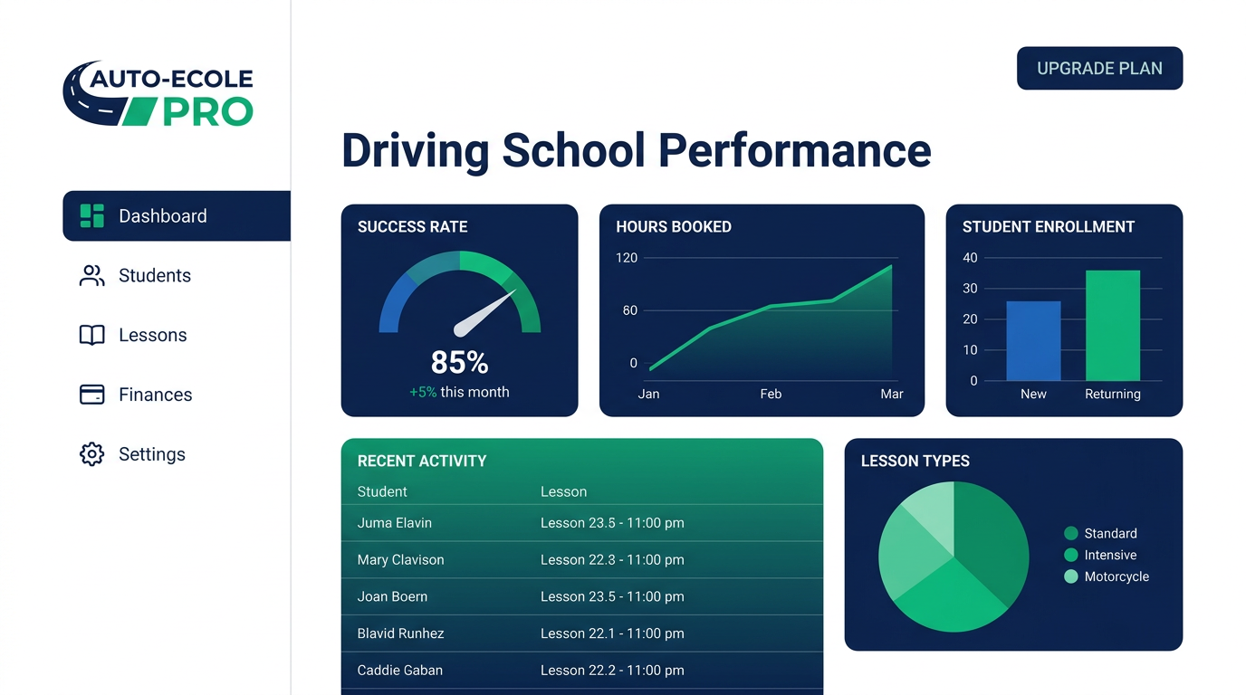 Tableau de bord analytics auto-école KPI