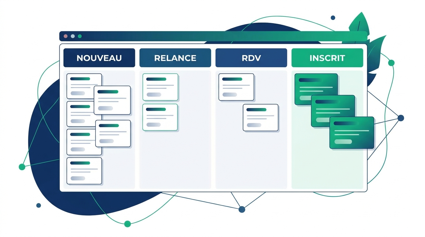 Pipeline kanban des prospects d'auto-école avec 4 étapes
